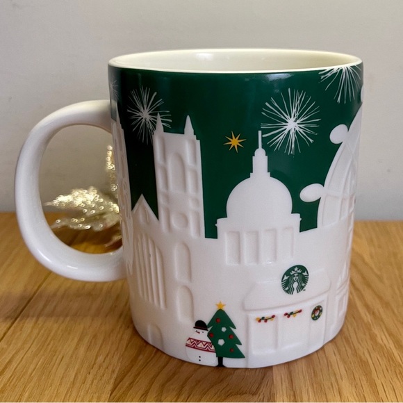 2015 Starbucks London Relief Mug Green W/ White Skyline Christmas Holiday 18oz - Picture 4 of 7